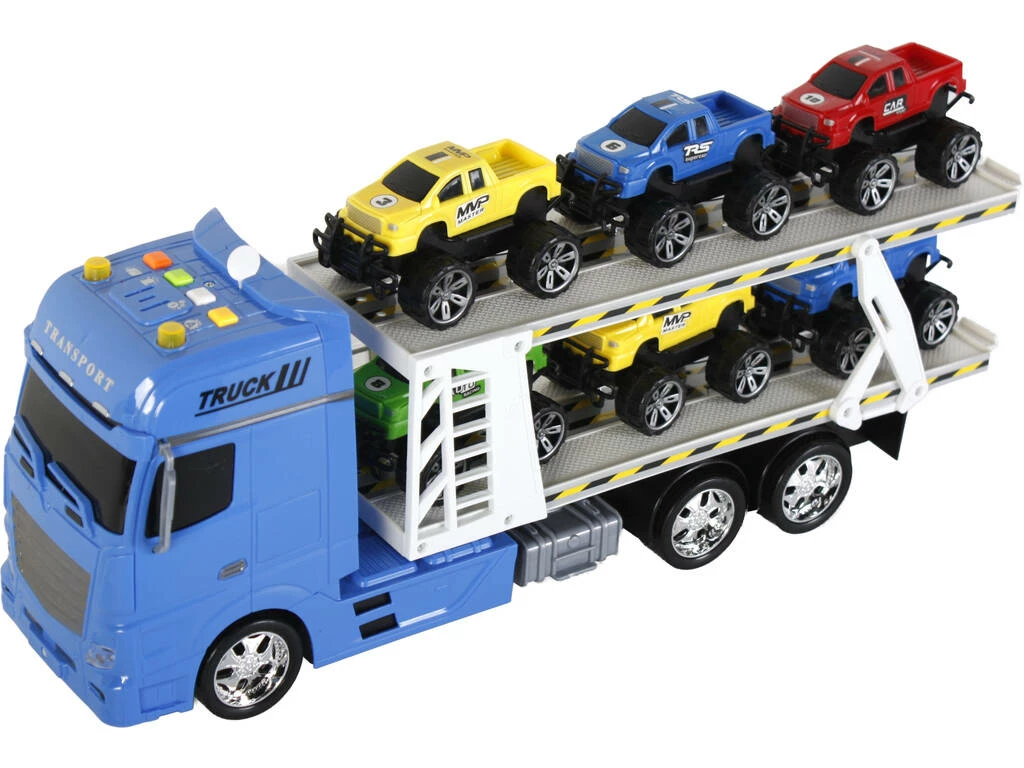 Camion Azul Friccion con Remolque y 6 vehiculos Camion Azul Friccion Con Remolque Y 6 Vehiculos -Tienda Pequetren 1011141664g00